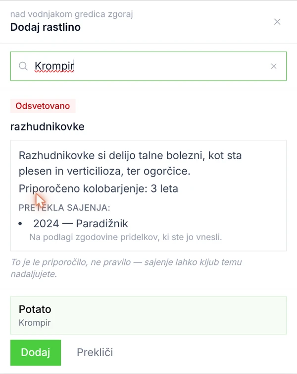 Terali opozorilo za kolobarjenje ob dodajanju krompirja v gredico, kjer je bil prejšnje leto posajen paradižnik — obe sta razhudnikovki