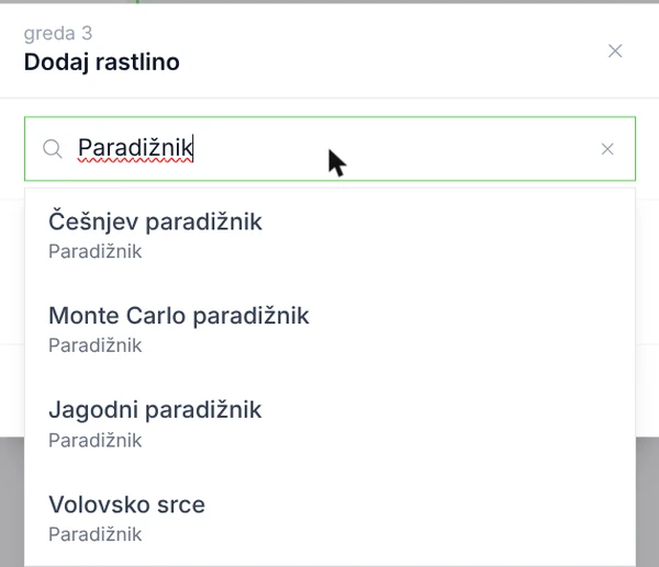 Teralijevo iskanje rastline v načrtovalniku vrta, prikazano med dodajanjem rastline v gredico