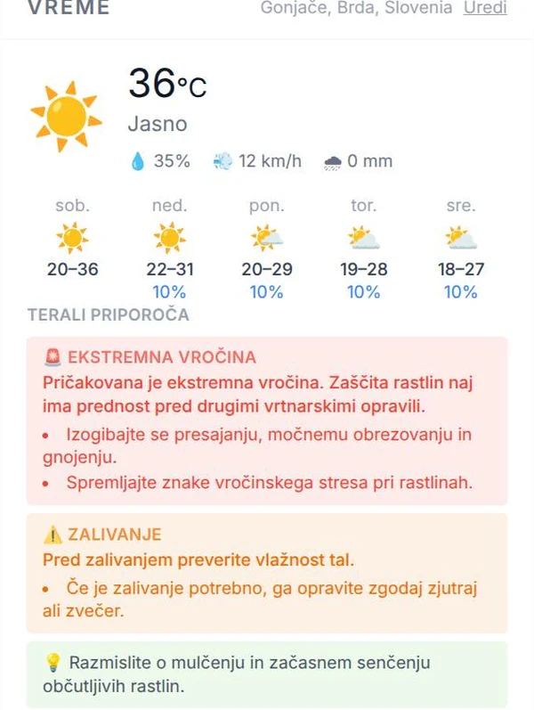 Opozorilo o ekstremni vročini na nadzorni plošči Terali s prednostnim priporočilom za zaščito rastlin pred vročinskim stresom.